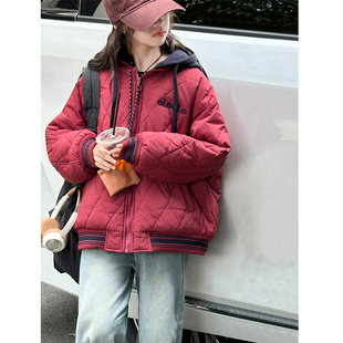 果儿kids韩系女童红色棉服袄2025新款秋冬装儿童连帽夹棉加厚外套