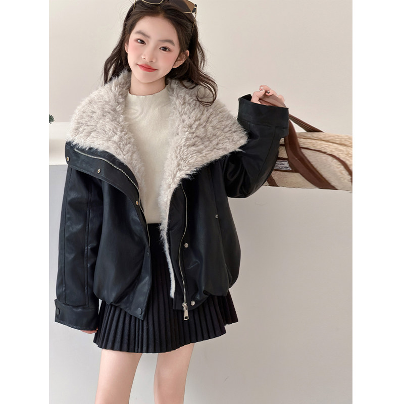 果儿kids韩系潮流女童皮衣外套2025新款冬装儿童加绒加厚冬季外套