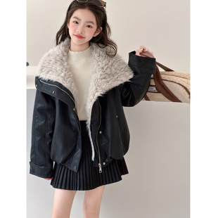 果儿kids韩系潮流女童皮衣外套2025新款冬装儿童加绒加厚冬季外套