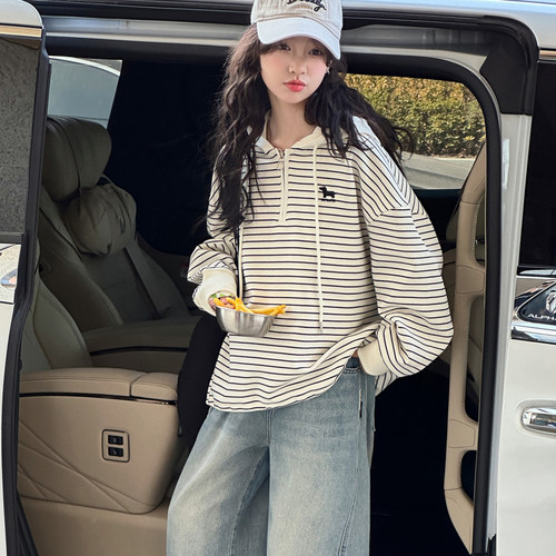 女童条纹卫衣儿童连帽衫时尚洋气