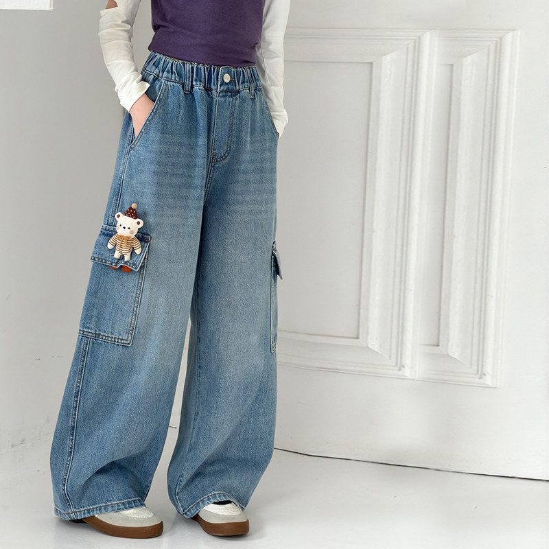 卡通熊女童阔腿裤儿童牛仔工装裤2026春秋新款大童女孩时髦裤子韩