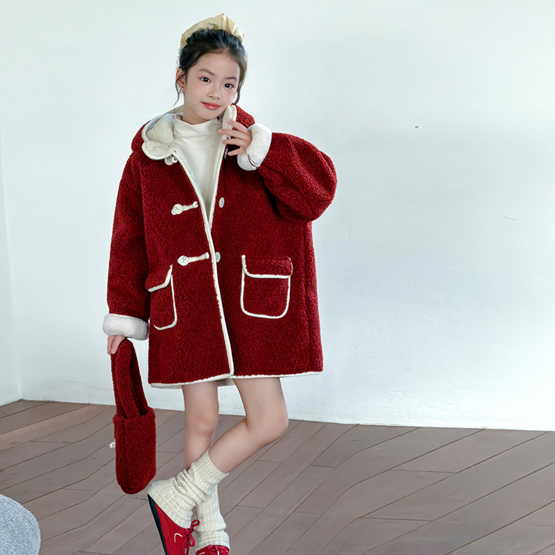 过年服女童红色呢子大衣儿童加绒加厚冬装外套2026新款女孩衣服潮