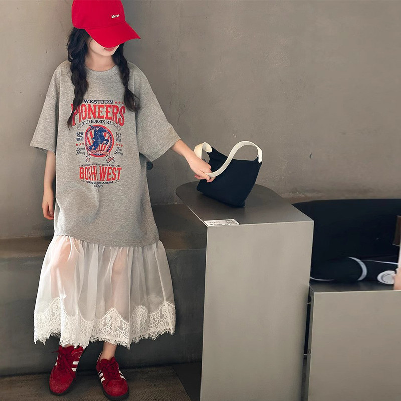 拼接女童夏装连衣裙儿童短袖T恤裙2026新款洋气薄款女孩夏季裙子