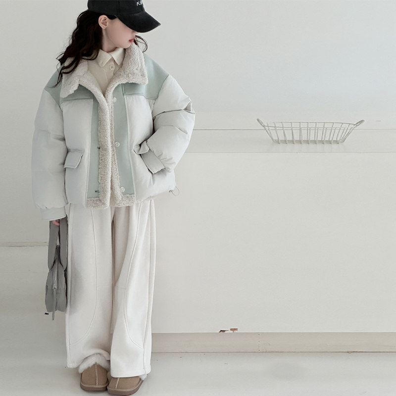 女童羽绒服90白鸭绒拼接羊羔绒