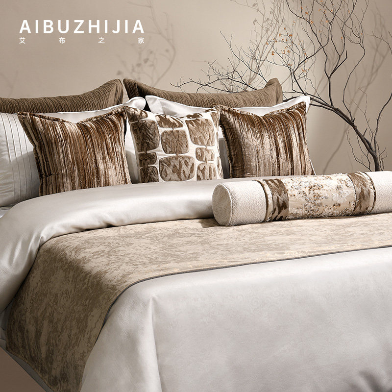 简约轻奢新中式金棕系中古床品四件套高端棉麻侘寂样板间展厅床品
