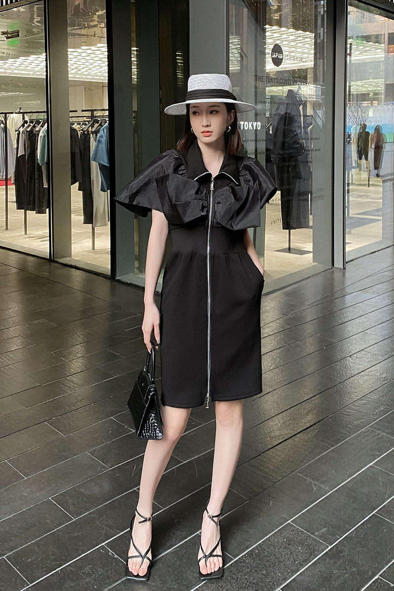 欧洲站2023春夏季新款黑色修身显瘦太空棉中长款连衣裙女装欧货潮