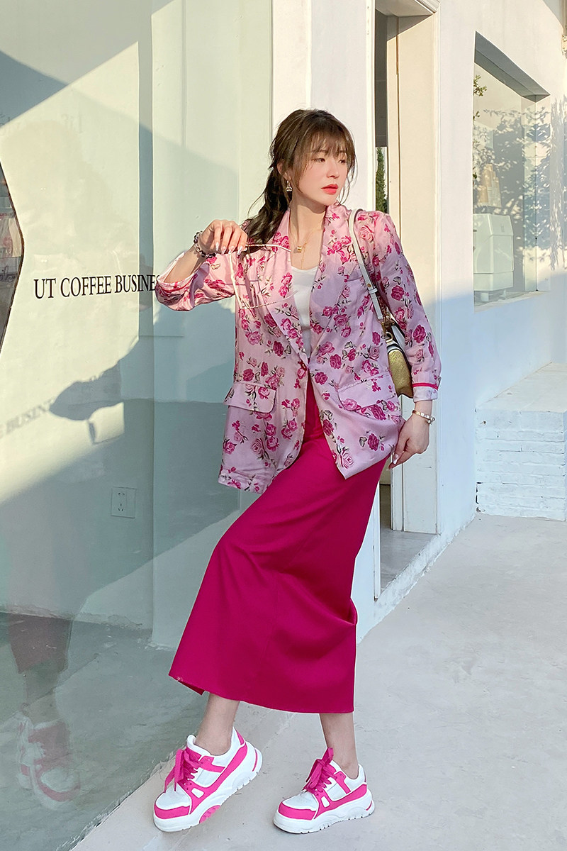 欧洲站2023春夏季新款中式醋酸真丝长袖西服花色外套上衣女装欧货