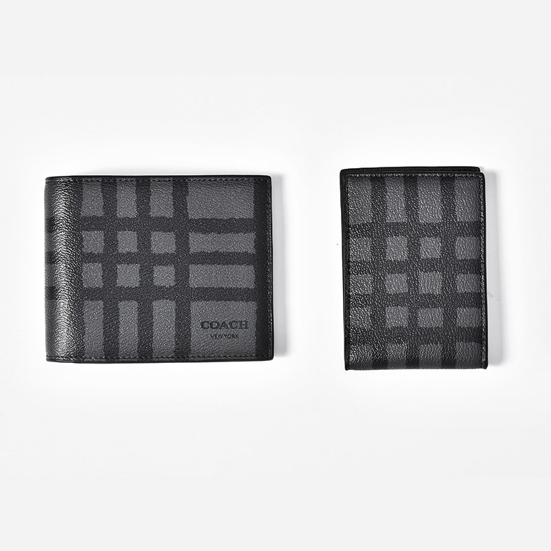 COACH 蔻驰钱包男短款卡包零钱包方格pvc礼盒装男包香港直邮