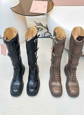 毒液靴新款复古骑士靴绑带厚底长筒靴女方头显瘦西部牛仔靴高筒靴