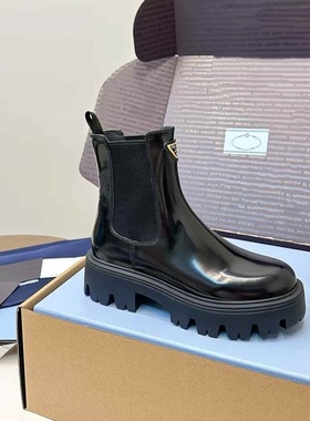 25新款真皮增高厚底短筒切尔西靴女英伦风复古简约百搭烟管靴短靴
