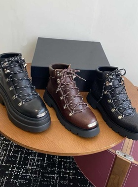 2025新款真皮英伦风厚底增高短筒靴子朋克风显瘦百搭系带马丁靴女