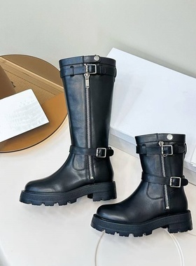 2025冬季新款复古长筒靴韩版百搭真皮厚底侧拉链不过膝高筒骑士靴