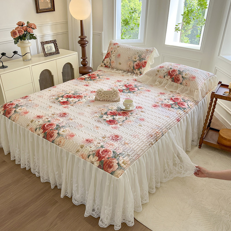 夏季新款法式田园风A类凉感冰丝床裙款乳胶凉席夏被四件套可机洗