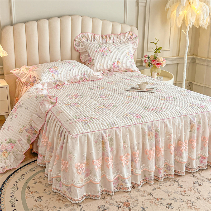 韩版全棉床裙夹棉床单三件套100%纯棉床罩床盖单件防滑床笠保护罩