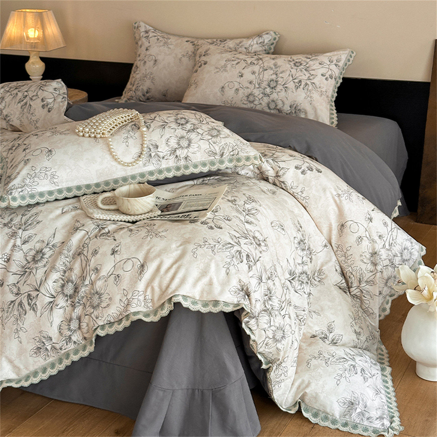 春夏季轻奢小花边加厚被套单件法式纯棉磨毛被罩100全棉家用床品