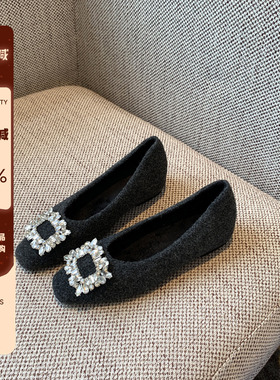 【TFM】内增高4CM~玛丽珍鞋女新款方头平底水钻方扣浅口加绒单鞋