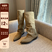 加绒低跟百搭裤 管靴长靴 高筒靴女新款 冬季 TFM 尖头皮带扣时尚