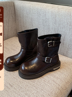 【TFM】英伦风~皮带扣复古马丁靴女新款西部靴厚底低跟套筒短靴子