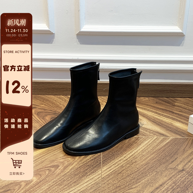 短靴女2025秋季新款韩版简约气质百搭后拉链舒适平底女靴子时装靴