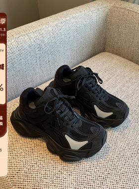 【TFM】暗夜黑~复古老爹鞋女2025新款冬季加绒厚底增高休闲运动鞋