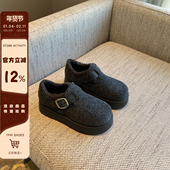子 女圆头搭扣魔术贴百搭毛呢加绒厚底休闲女鞋 TFM 灰色勃肯鞋