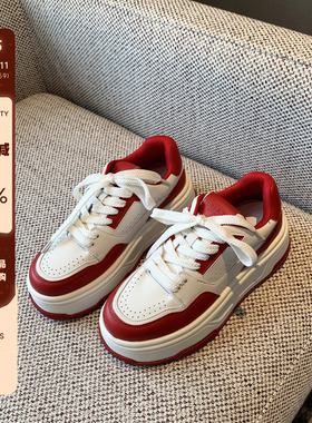 【TFM】红色板鞋2025年新款学生百搭系带真皮舒适轻便厚底休闲鞋