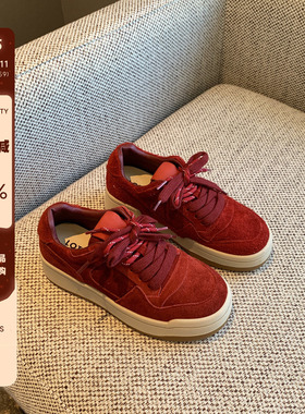 【TFM】红色板鞋女2025新款磨砂皮复古系带百搭厚底休闲女运动鞋