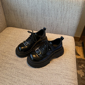 TFM 2026春季 新款 5CM厚底小皮鞋 女黑色系带复古布洛克增高单鞋