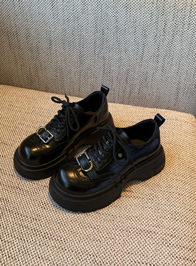 【TFM】2026春季新款5CM厚底小皮鞋女黑色系带复古布洛克增高单鞋