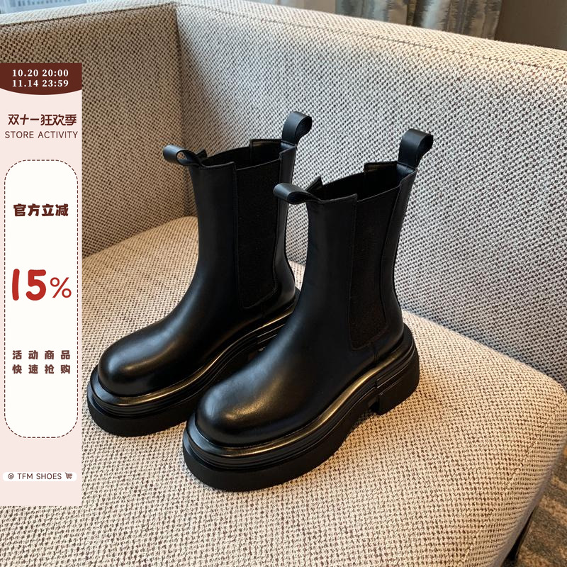 简约百搭显瘦厚底加绒短靴中筒靴