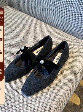 【TFM】高级感法式气质平底加绒单鞋女2025冬季毛呢方头通勒棉鞋