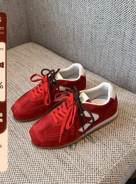 【TFM】红色阿甘鞋女2025秋季新款百搭牛皮系带复古休闲运动鞋潮