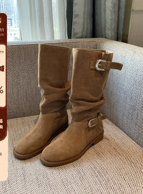 【TFM】堆堆靴女2025年新款磨砂牛皮西部牛仔靴复古尖头中筒靴子