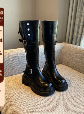 【TFM】欧美风皮带扣骑士靴女厚底6CM增高黑色高筒靴子女加绒长靴