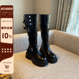 欧美风皮带扣骑士靴女厚底6CM增高黑色高筒靴子女加绒长靴 TFM