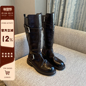 百搭皮带扣骑士长靴 粗跟3.5CM厚底高筒靴女新款 TFM 褶皱水洗