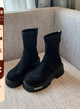 【TFM】弹力靴女2025年秋季新款厚底增高百搭瘦瘦靴女短靴时装靴