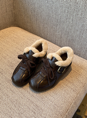 【TFM】冬日时髦穿搭~毛毛德训鞋女平底系带羊毛加绒保暖棉鞋女鞋