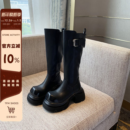 【TFM】皮带扣骑士靴女厚底7CM增高显瘦高筒靴小个子不过膝长靴子