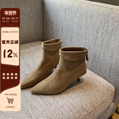 复古绒面百搭细跟尖头后拉链瘦瘦靴子 新款 TFM 短靴女2025秋季