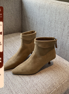 【TFM】短靴女2025秋季新款复古绒面百搭细跟尖头后拉链瘦瘦靴子