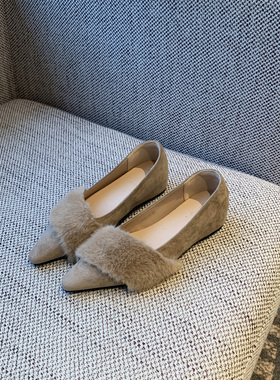 【TFM】内增高3CM~2026新款早春百搭毛毛尖头绒面复古浅口单鞋女