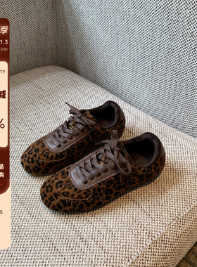 【TFM】内里加绒~豹纹德训鞋女磨砂皮复古系带舒适软底平底休闲鞋