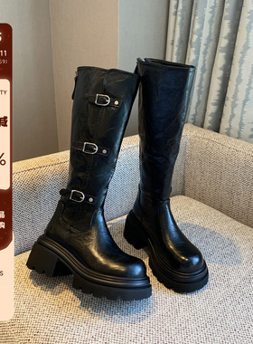 【TFM】内里加绒~增高6CM厚底骑士靴女新款显瘦不过膝长靴高筒靴