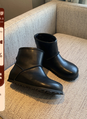 【TFM】内增高3CM~牛皮羊毛雪地靴女冬加绒保暖防滑短筒棉靴黑色