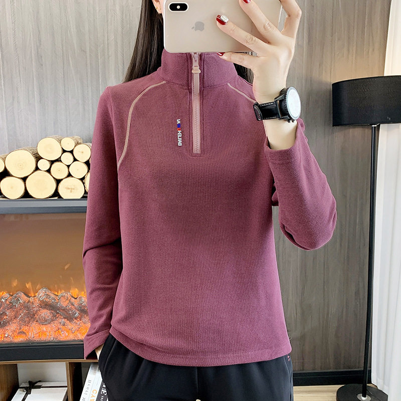 户外运动德绒衣女长袖立领T恤加绒加厚健身跑步快干衣磨毛防静电