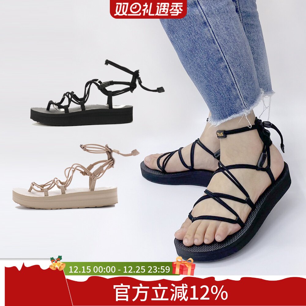 TEVA女子厚底交叉绕踝绑带凉鞋