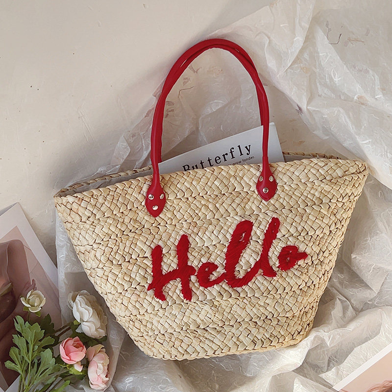 韩国ins字母刺绣草编包时尚百搭大容量编织包托特包度假沙滩包潮