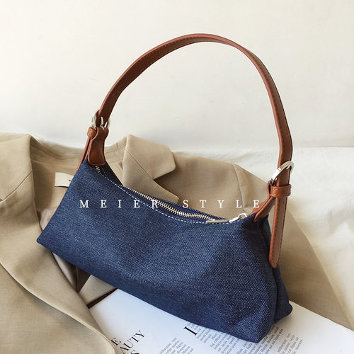 ins复古气质牛仔布包法棍包休闲