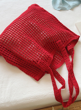 ins红色编织包镂空渔网包时尚百搭针织托特包单肩包大容量购物袋